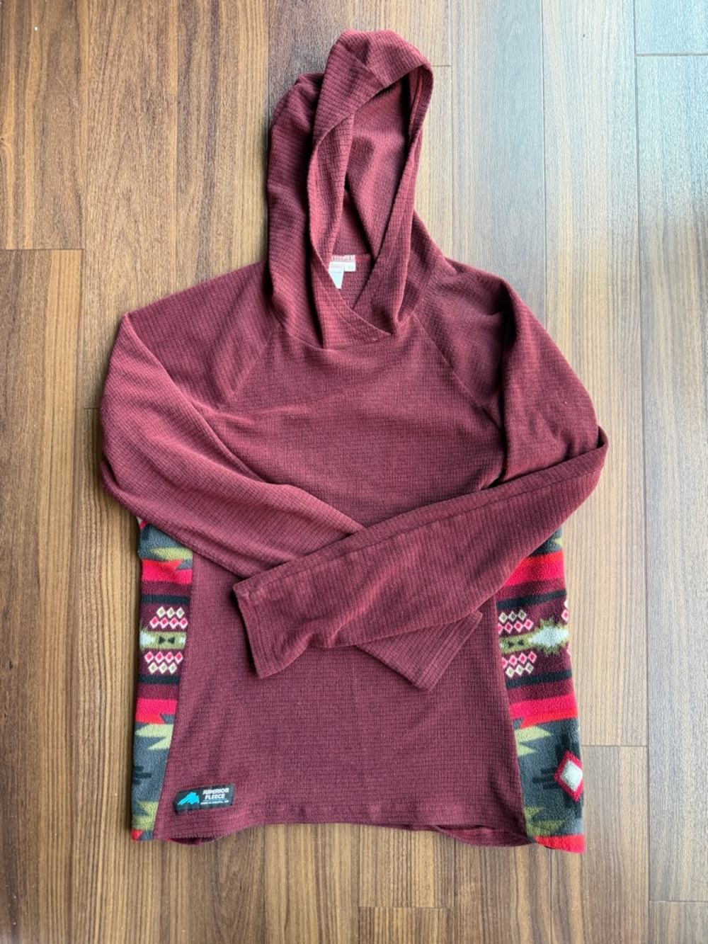 Maroon Hooded Women's Pullover Sweatshirt with Patterned Side Panels